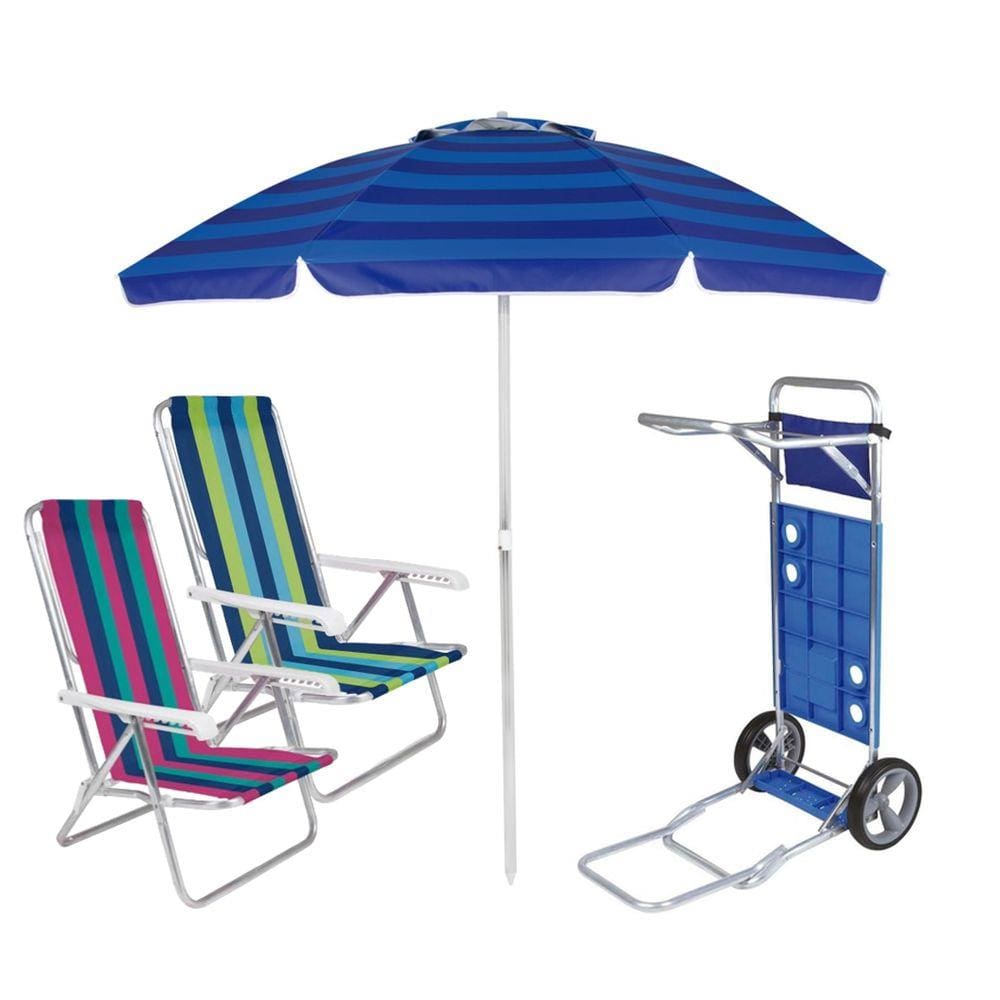 Kit Praia Guarda Sol Articulado 2m Carrinho Com Avanço  para Caixa Cadeira Reclin 8 Pos Alumínio - Mor