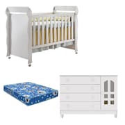 Berço Americano Mirelle e Cômoda Infantil Gran Selena Branco Brilho com Colchão Ortobom - Carolina