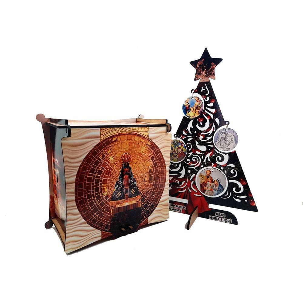 Kit Presente Arvore de Natal A4 MDF Sagrada Familia e caixa Personalizada