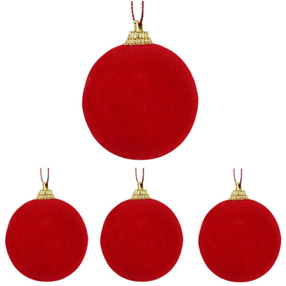 Kit 4 Bolas de Natal Vermelha Camurça para Árvore Natal 6cm