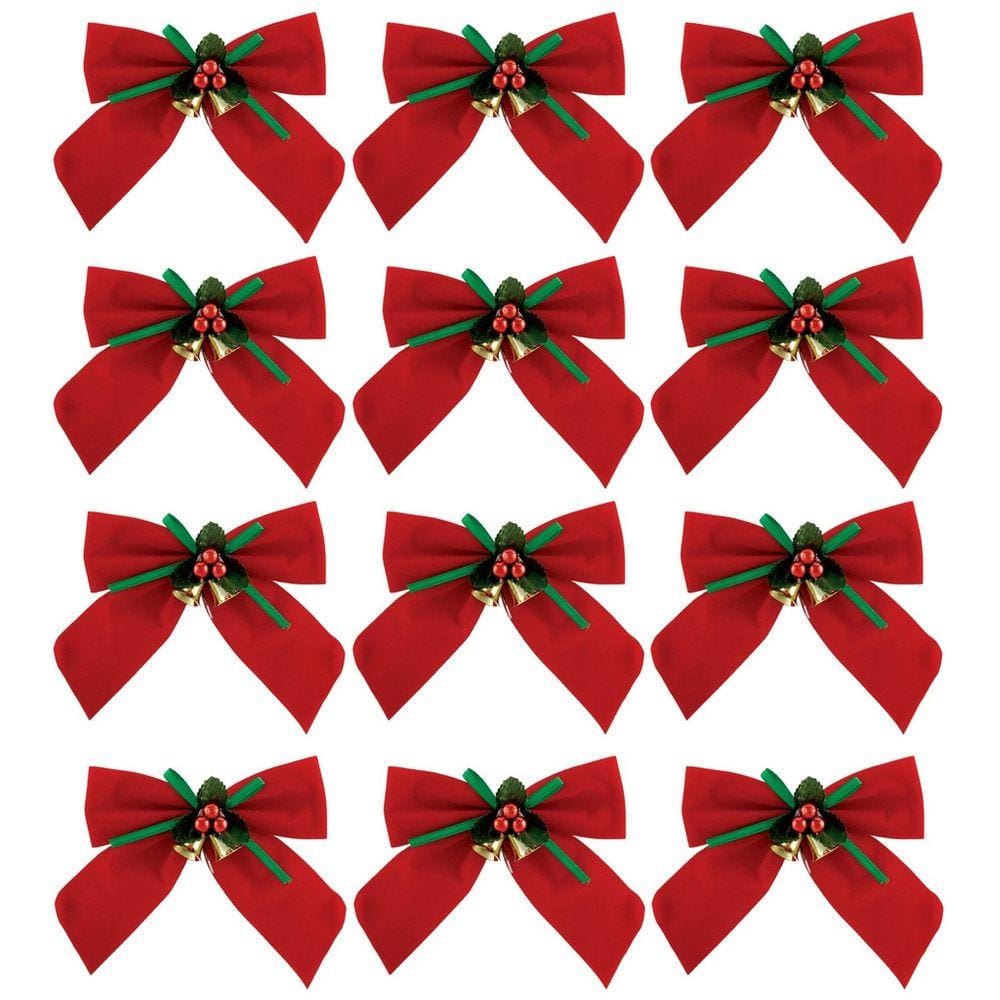 Kit Laço Vermelho Decorado Natal 11x11cm 12 Peças - Magizi