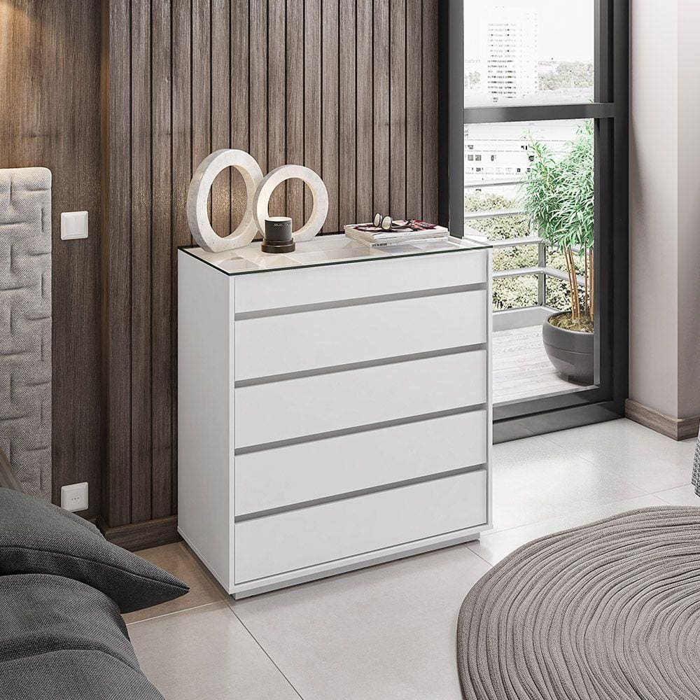 Cômoda Quarto Belize 5 Gavetas e Tampo de Vidro