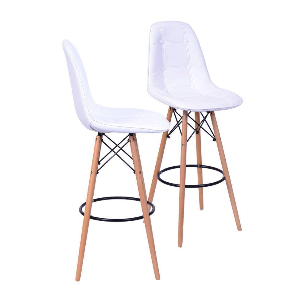 Kit 02 Banquetas Boxbit Dkr Eames Acabamento em Botonê Branca Base Madeira