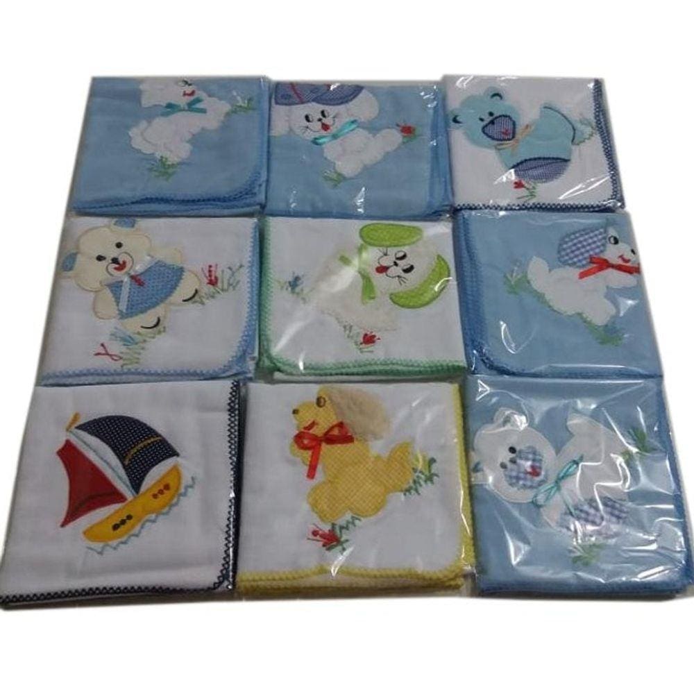 Kit 6 cueiro flanelado bordado 80x80cm para menino