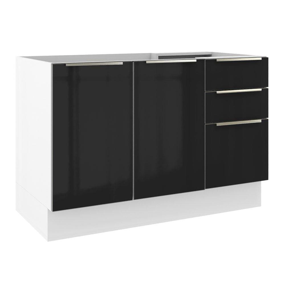 Balcão Gabinete de Pia Madesa Lux 120 cm 2 Portas 3 Gavetas - Branco/Preto