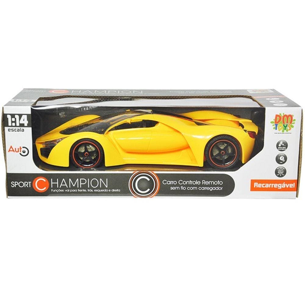 Carro Controle Remoto Champion SPORT Amarelo sem Fio Recarregavel DM TOYS DMT5050