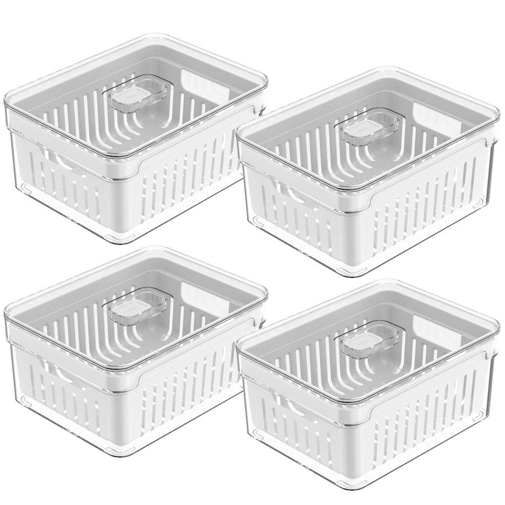 Kit 4 Organizadores De Geladeira Com Cestos Escorredores 2,2L Caixas Plásticas Para Legumes Clear Fresh