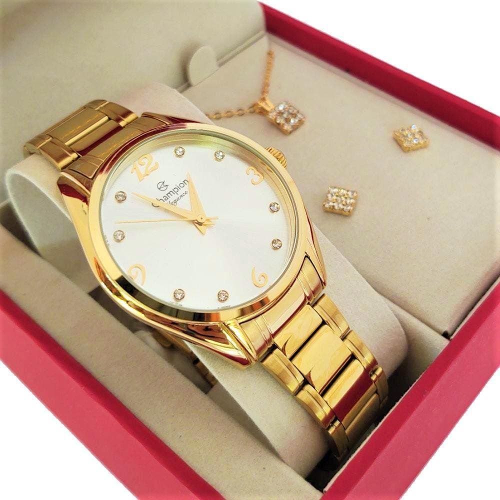 Relógio Champion Feminino Kit Com Colar E Brincos Cn25681W