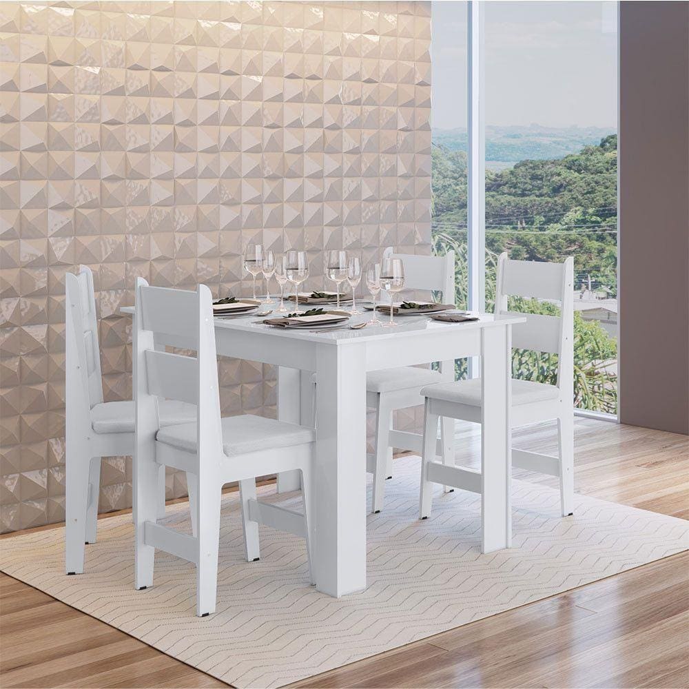 Conj Mesa de Jantar Fixa 4 Cadeiras Assento Estofado Branco