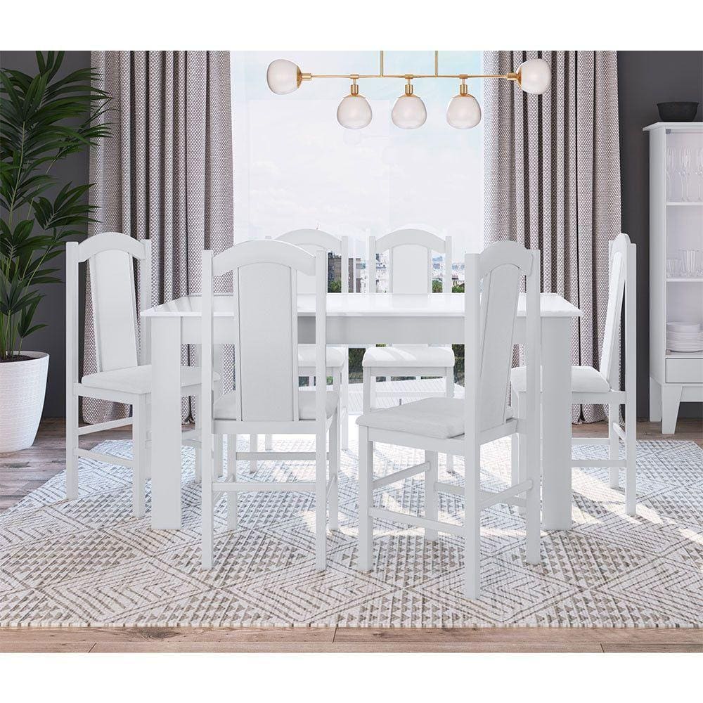 Conj Mesa de Jantar Clássica 6 Cadeiras Estofadas Branco