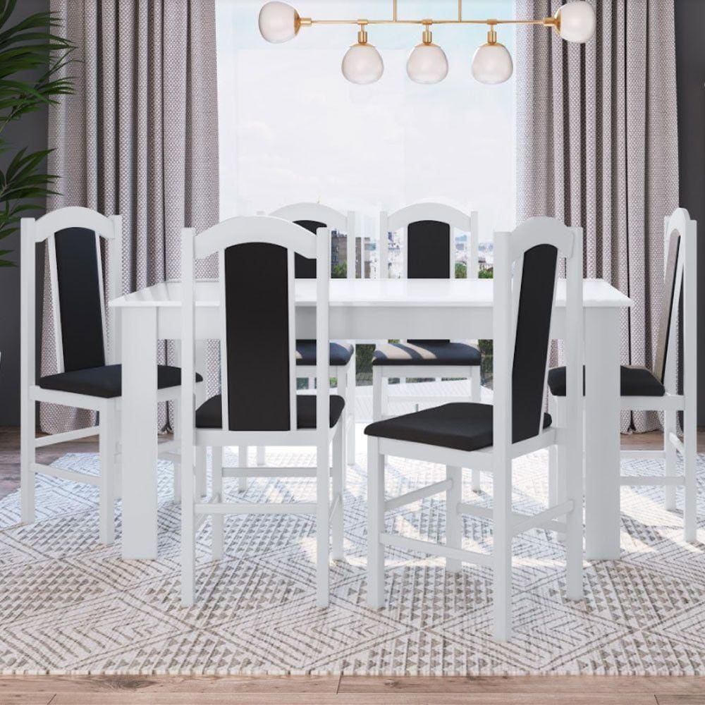 Conj Mesa Jantar Clássica 6 Cadeiras Estofadas Branco Preto