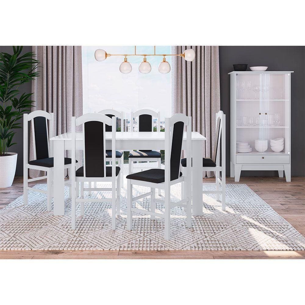 Conj Mesa de Jantar 6 Cadeiras 1 Cristaleira Branco c/ Preto