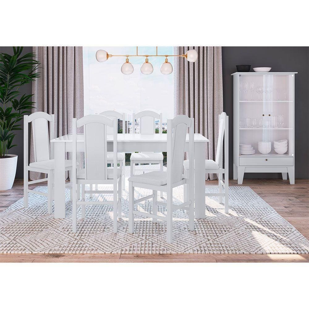 Conj Mesa de Jantar Retrô 6 Cadeiras 1 Cristaleira Branco