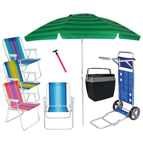 Kit Praia Guarda Sol 2,4m Carrinho Avanço 4 Cadeira Alta Caixa Térmica 34L Saca Areia - Mor