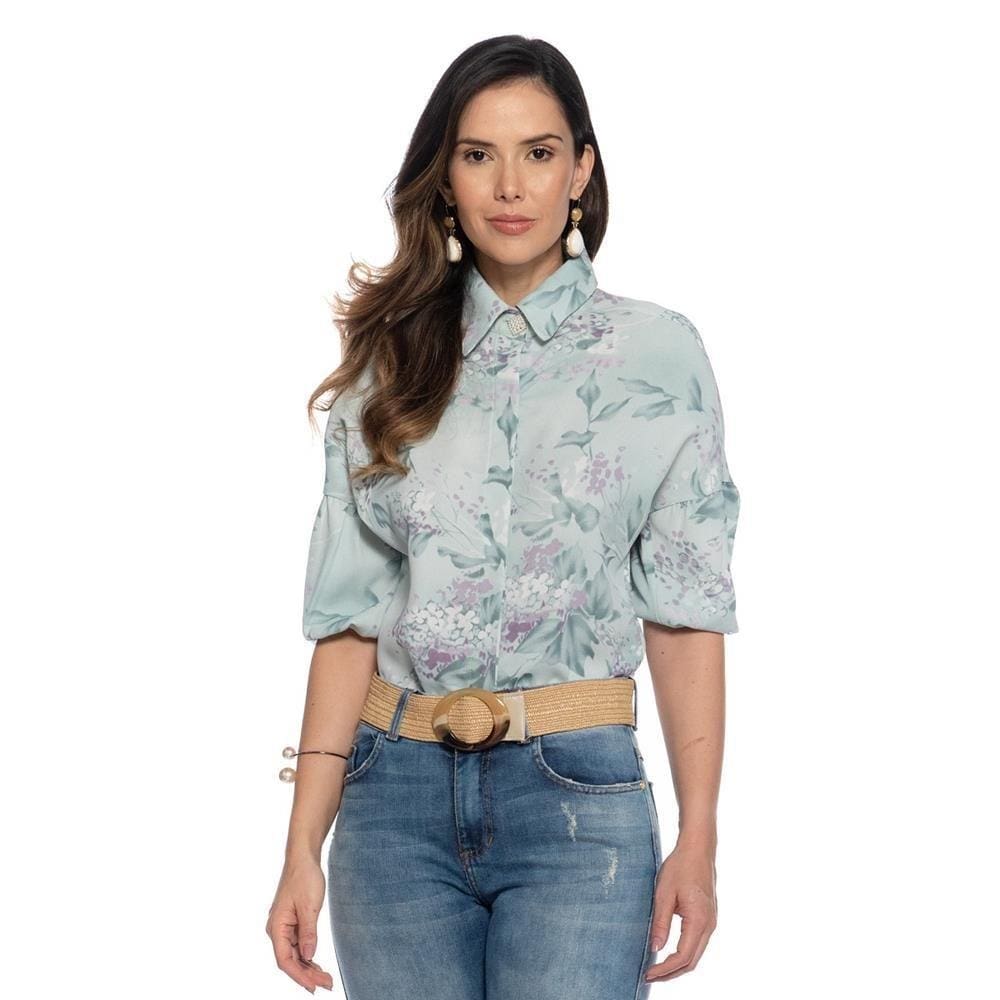 Blusa Social Feminina Floral Romântica Manga Bufante Casual