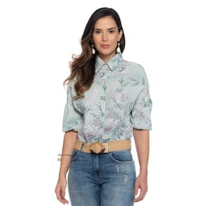 Blusa Social Feminina Floral Romântica Manga Bufante Casual