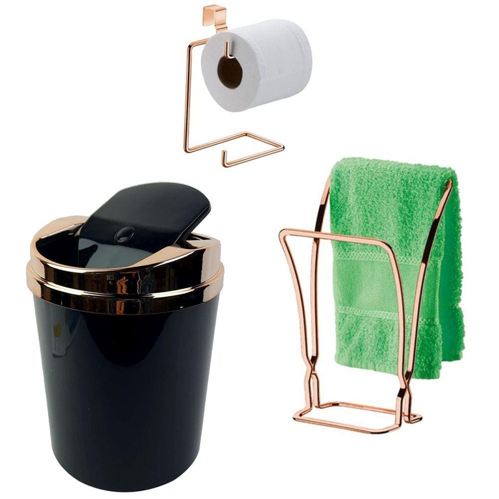 Kit Banheiro Porta Toalha + Suporte Papel Higiênico + Lixeira Rose Gold - Future