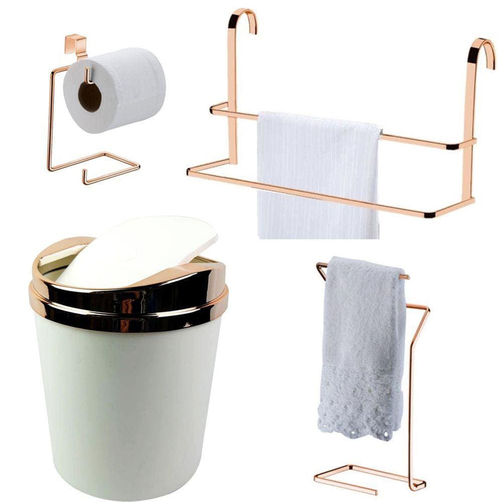 Kit 4 Peças Banheiro Lixeira + Papeleira + Toalheiro Duplo Box e Bancada Rosé Gold - Future