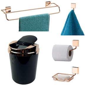 Kit 5 Peças Banheiro Lixeira + Papeleira + Toalheiro Duplo + Cabide + Saboneteira Rosé Gold - Future