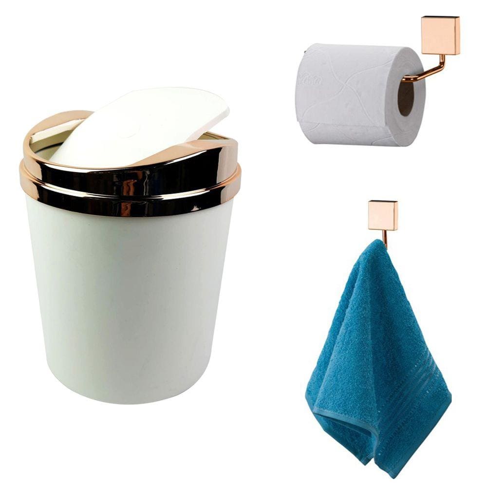 Kit 3 Peças Banheiro Lixeira + Papeleira + Cabide Toalha Rosé Gold - Future