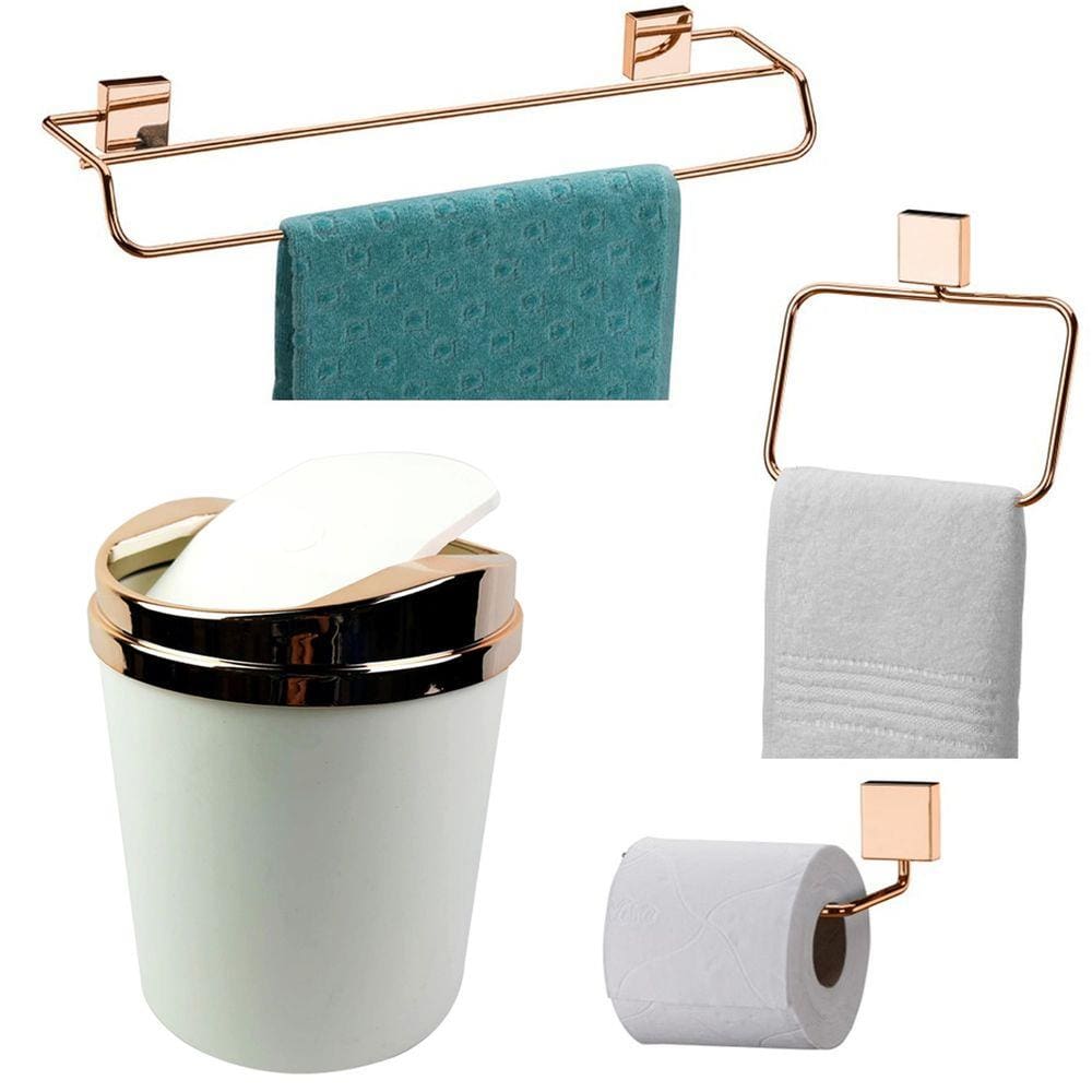 Kit 4 Peças Banheiro Lixeira + Papeleira + Toalheiro Duplo + Argola Rosé Gold - Future
