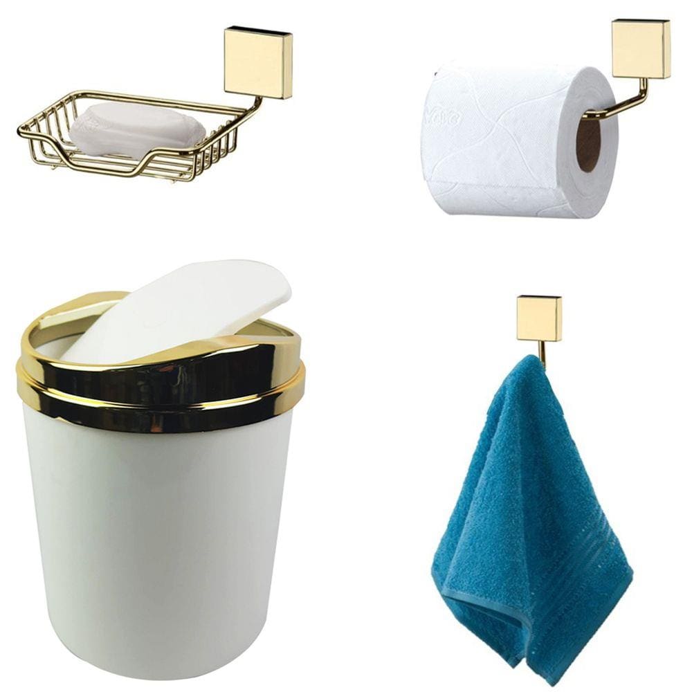 Kit 4 Peças Banheiro Lixeira + Papeleira + Cabide Toalha + Saboneteira Dourado - Future