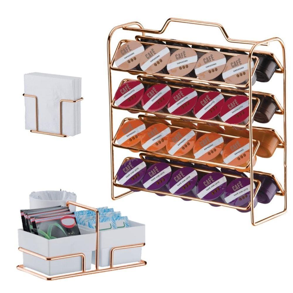 Kit Suporte 40 Cápsulas 3 Corações + Porta Guardanapos + Suporte Sachês - 1146RG Rose Gold Future