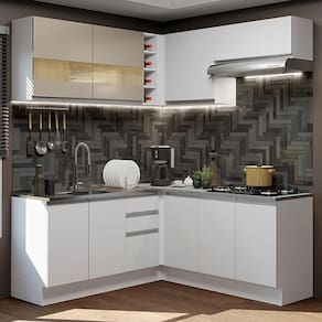 Cozinha Completa de Canto Madesa Glamy 349001 com Armário e Balcão (Sem Tampo) - Branco/Branco/Crema