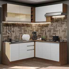 Cozinha Completa de Canto Madesa Glamy 349001 com Armário e Balcão (Sem Tampo) - Rustic/Branco/Crema