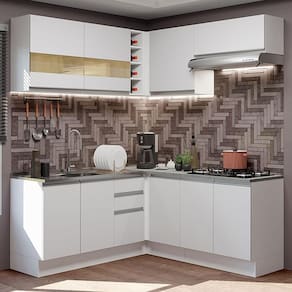 Cozinha Completa de Canto Madesa Glamy 349001 com Armário e Balcão (Sem Tampo e Pia) - Branco