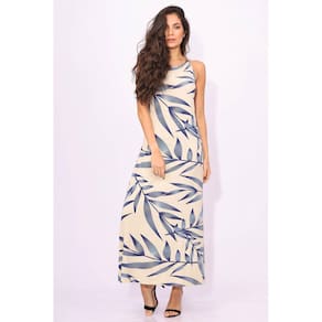Vestido Longo Malha Trapézio Detalhe Cordão Bambu Azul