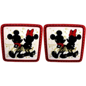 Conjunto 02 Pratos Quadrados Decorativos Melamina De Natal - Mickey E Minnie Mouse - Season To Celebrate - Decoração Natalina - Disney