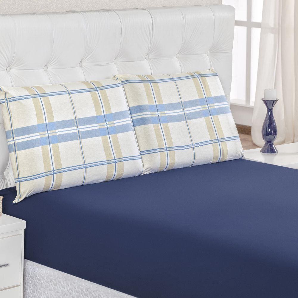 Jogo de Lençol Queen em Malha 100% Algodão 3 Peças - Xadrez Azul