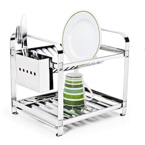 Escorredor 12 pratos montado com porta talheres aço inox