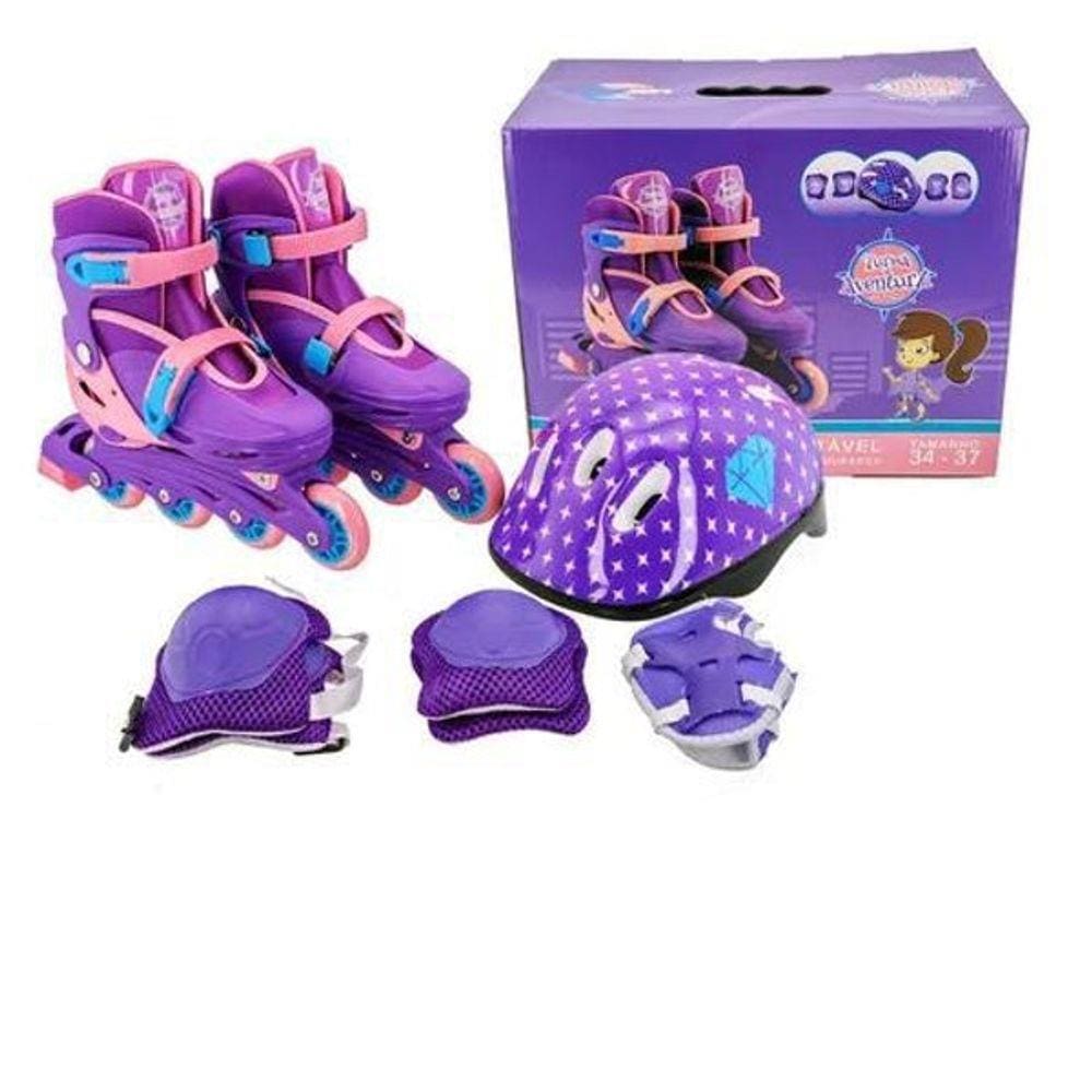 Patins Infantil Roxo Com Kit De Proteção Tamanho 33 Ao 37