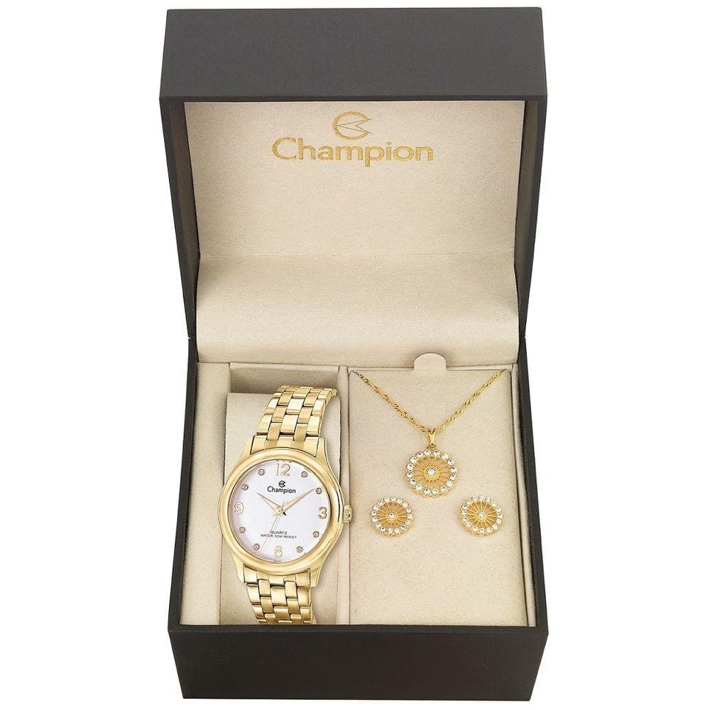 Kit 3 peças relógio champion com cristais dourado cn28991w