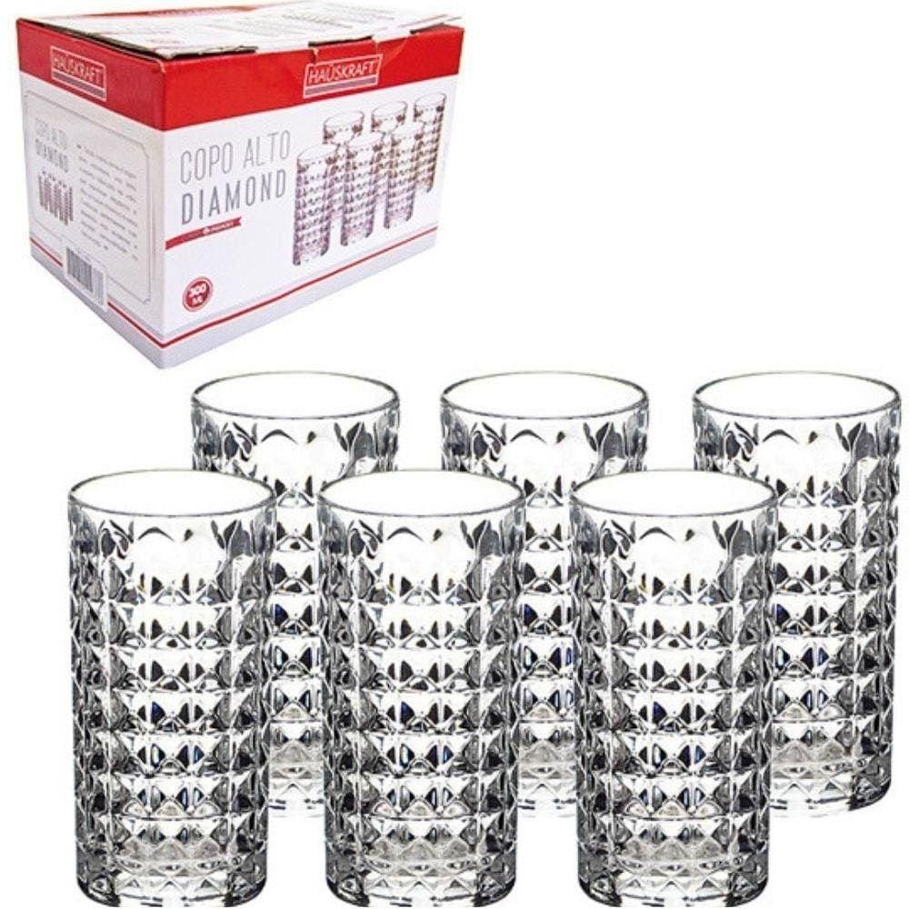 Kit Com 6 Copos De Vidro 300Ml Alto Diamond - Ref. Cplg-001