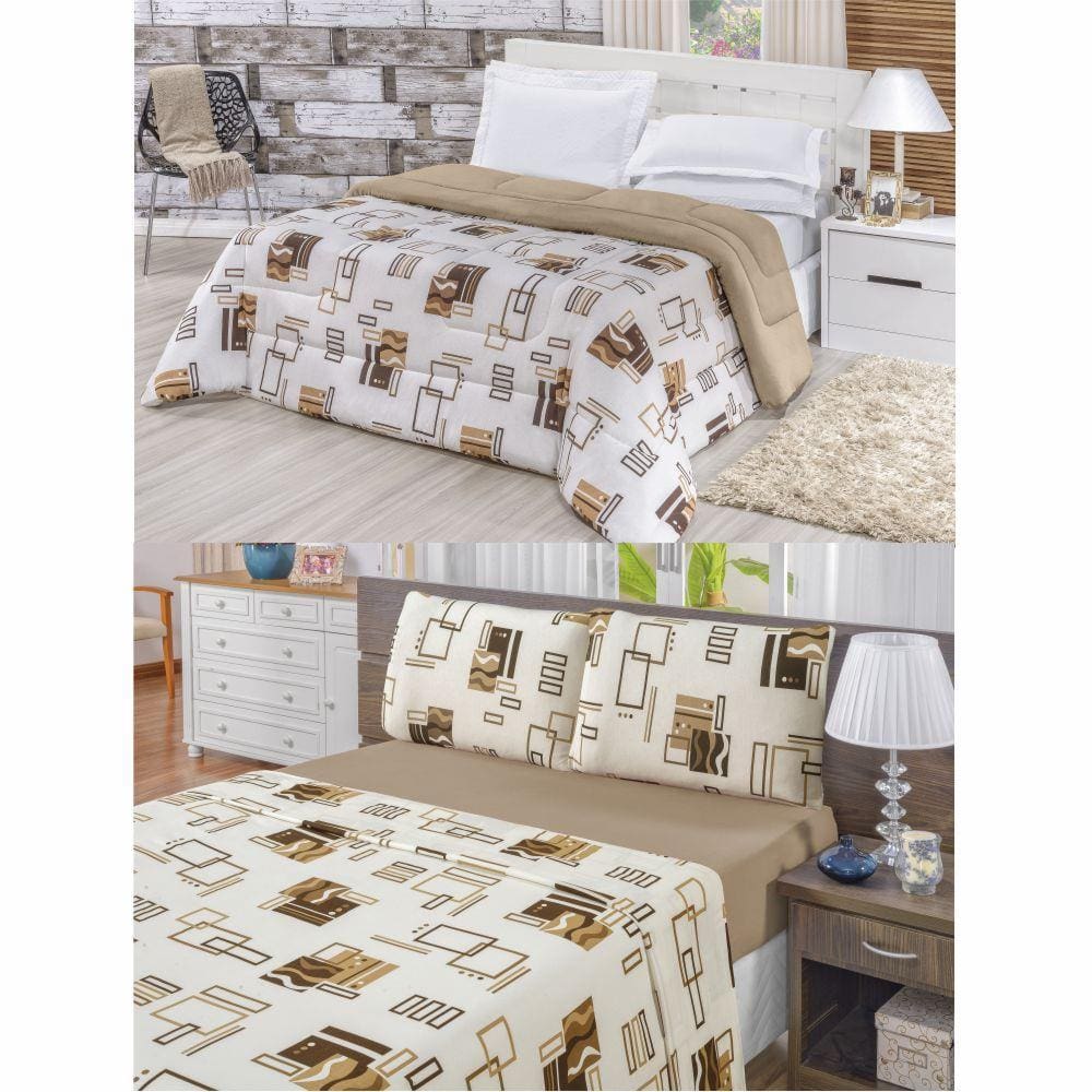 Kit Edredom Malha 100% Algodão Queen Dupla Face 7 Peças + Lençol - Avelã