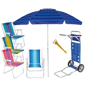 Kit Praia Carrinho Com Avanço + 4 Cadeira Alumínio Alta + Guarda Sol 2m + Saca Areia - Mor