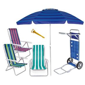 Kit Praia Carrinho Com Avanço + 3 Cadeira Reclinável Alumínio 8 Posições + Guarda Sol 2m + Saca Areia - Mor
