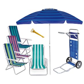 Kit Praia Carrinho Com Avanço + 4 Cadeira Reclinável Alumínio 8 Posições + Guarda Sol 2m + Saca Areia - Mor