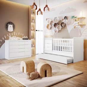 Quarto de Bebê Cômoda 5 Gavetas com Fraldário Berço Multifuncional Americano Cléo Branco Fosco Carolina Baby