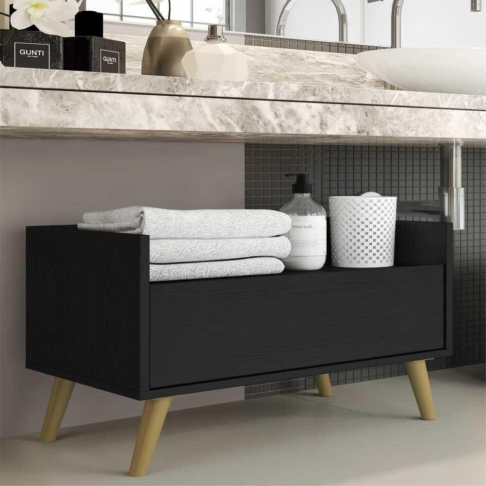 Gabinete Armário Banheiro 80 cm c/ Pés Retrô Multimóveis Preto/Natural