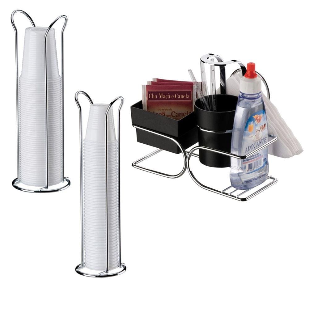 Kit Porta Sachês Adoçante Guardanapos + Porta Copos 200ml + 50/80ml - 2248 Cromado Future
