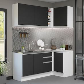 Cozinha Completa de Canto Madesa Glamy 269001 com Armário e Balcão (Sem Tampo e Pia) - Branco/Preto