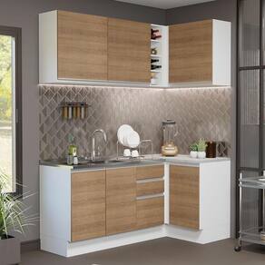 Cozinha Completa de Canto Madesa Glamy 269001 com Armário e Balcão (Sem Tampo e Pia) - Branco/Rustic