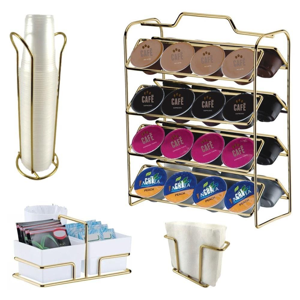 Kit Suporte 32 Cápsulas Dolce Gusto + Porta Copos Guardanapos Sachês Dourado - Future