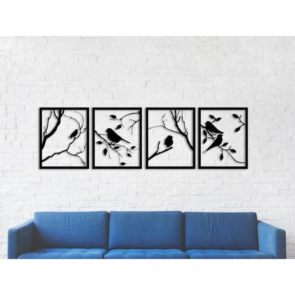 Quadro Decorativo 4 Peças Pássaros Vazado - Mdf 3Mm 003