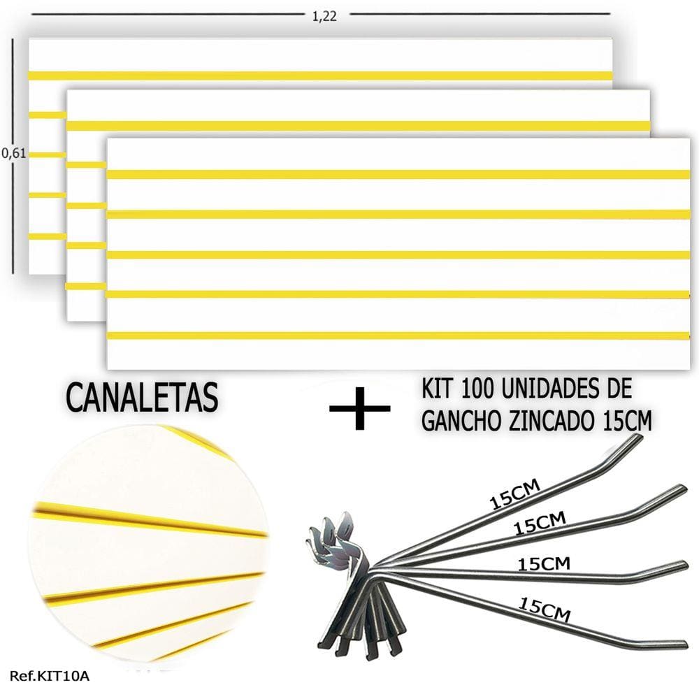 3 PAINEIS CANALETADOS 1,22 x 0,61+ 100 GANCHOS 15CM + CANALETA AMARELA