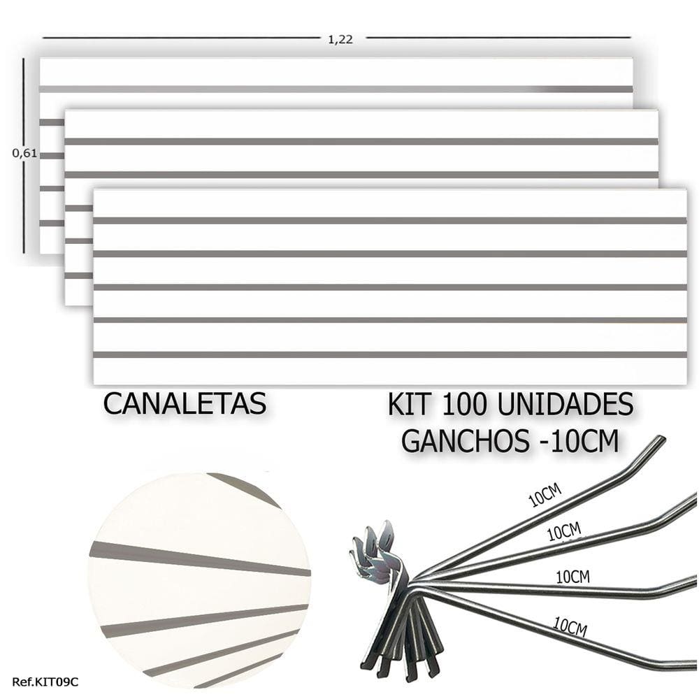 3 PAINEIS CANALETADOS 1,22 x 0,61+ 100 GANCHOS 10CM + CANALETA CINZA